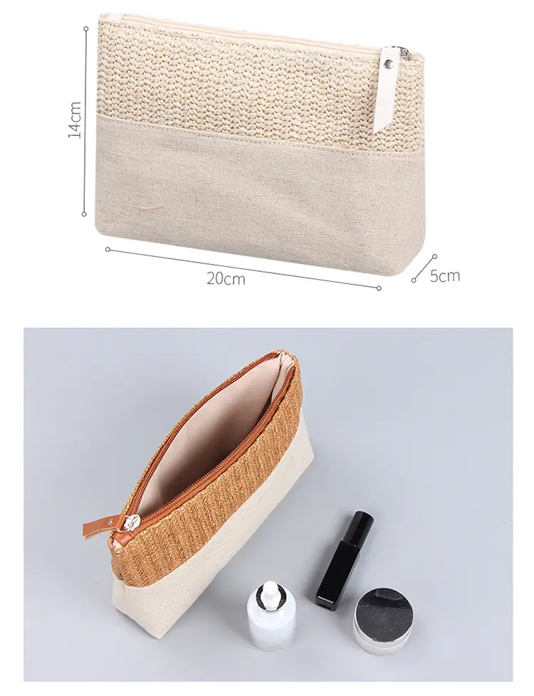 Straw linen makeup bag arranged with organic skincare serum dropper bottles